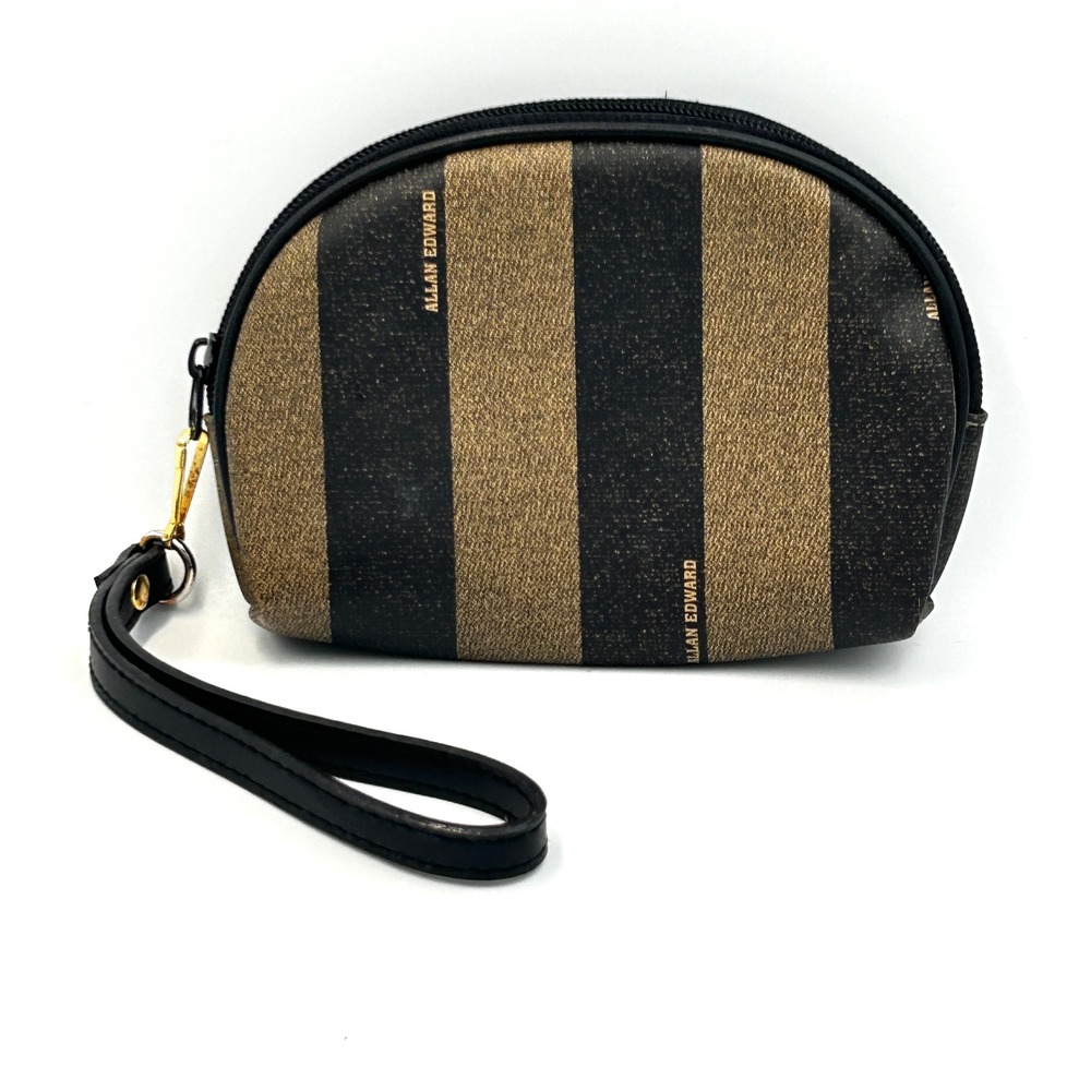 Allan Edward Striped Wristlet Pouch Brown Black Designer Small Travel Clutch